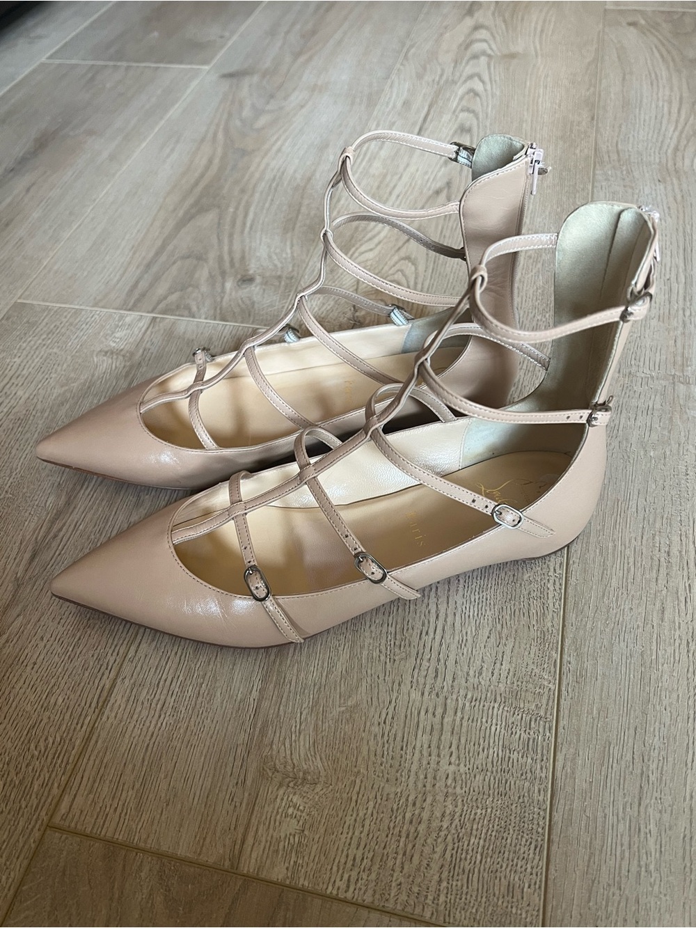 Christian Louboutin Toerless Muse Nude Leather Cage Flats 38